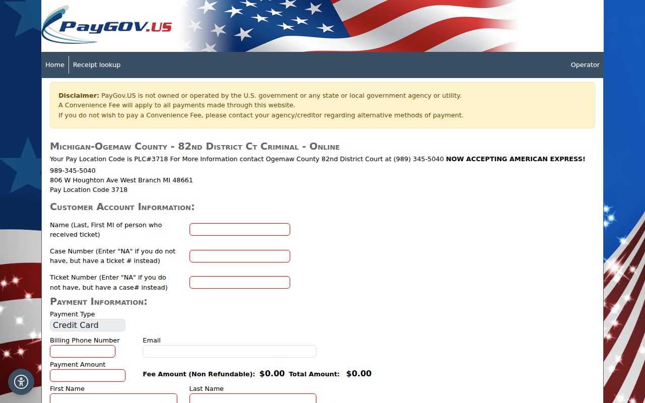 Ogemaw County traffic warrant research: 82nd District Court online payment page
