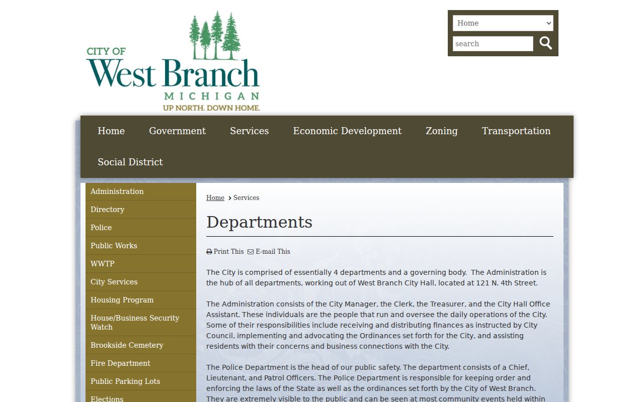Ogemaw County municipal warrant research: West Branch city departments page