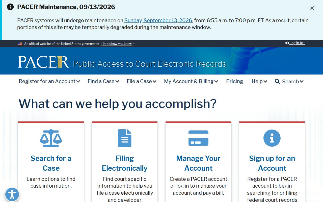Ogemaw County active warrant research: federal PACER docket access page