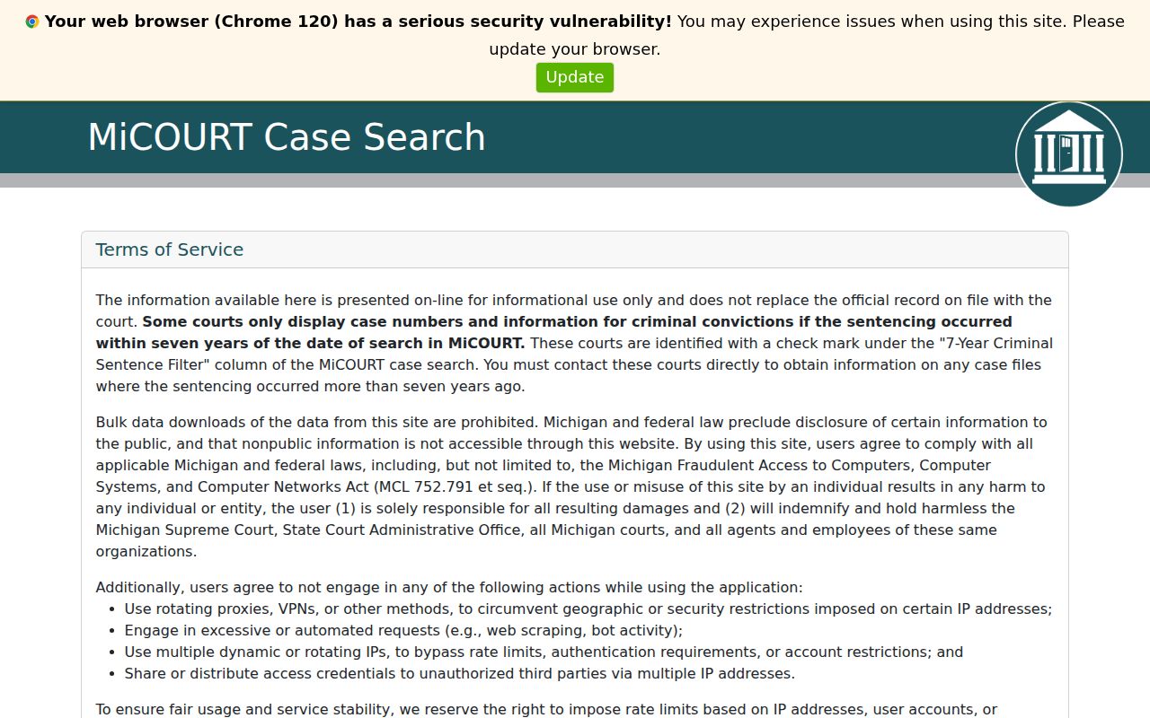 Ogemaw County warrant records research: public MiCOURT case-search interface